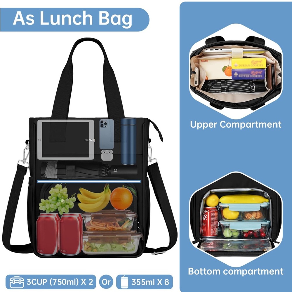 NWOT black lunch bag/work tote multi-pocket crossbody or shoulder strap bag - Picture 4 of 15